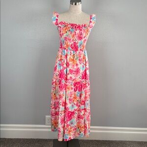 Sunday Up Colorful Tropical Floral Smocked Tiered Maxi Dress size medium